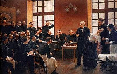 Charcot demonstrating hypnosis on a 